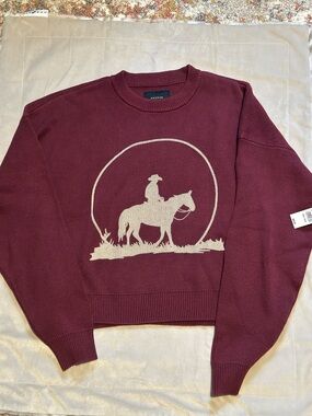PacSun Maroon Crewneck Sweater with Cream Cowboy Graphic